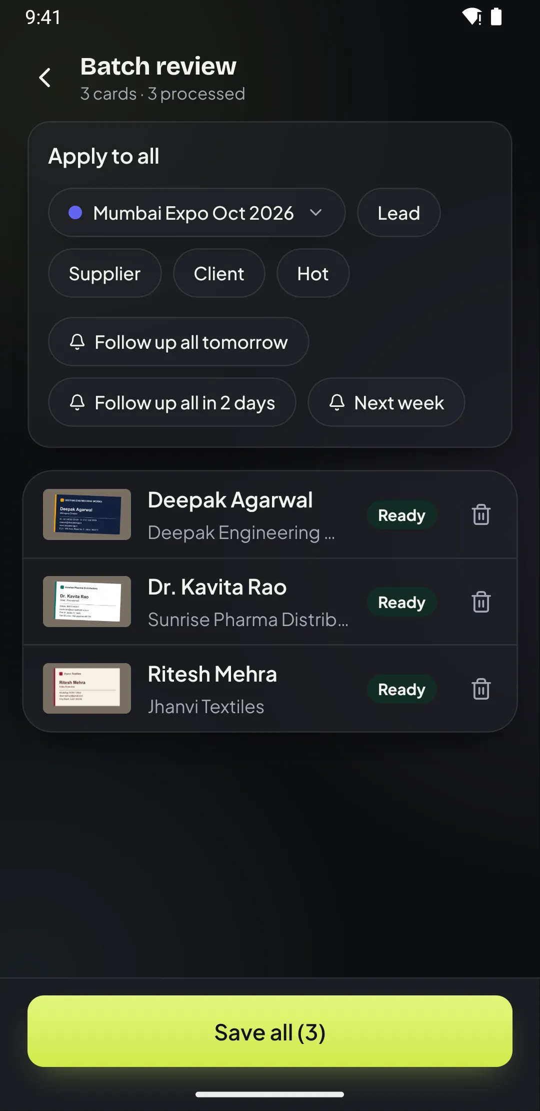 Batch review screen in Patrascan with three scanned business cards ready to save