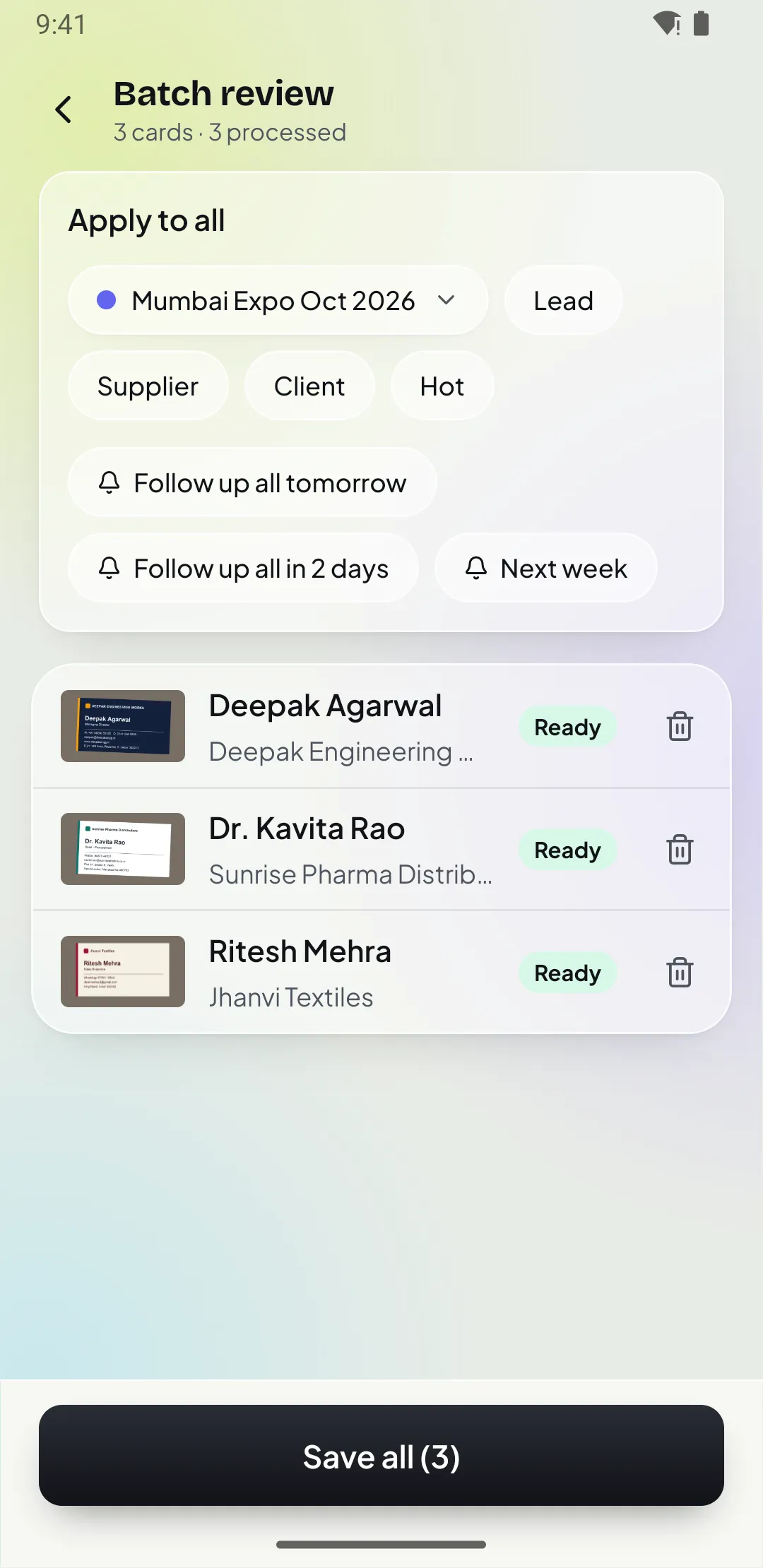 Batch review screen in Patrascan with three scanned business cards ready to save