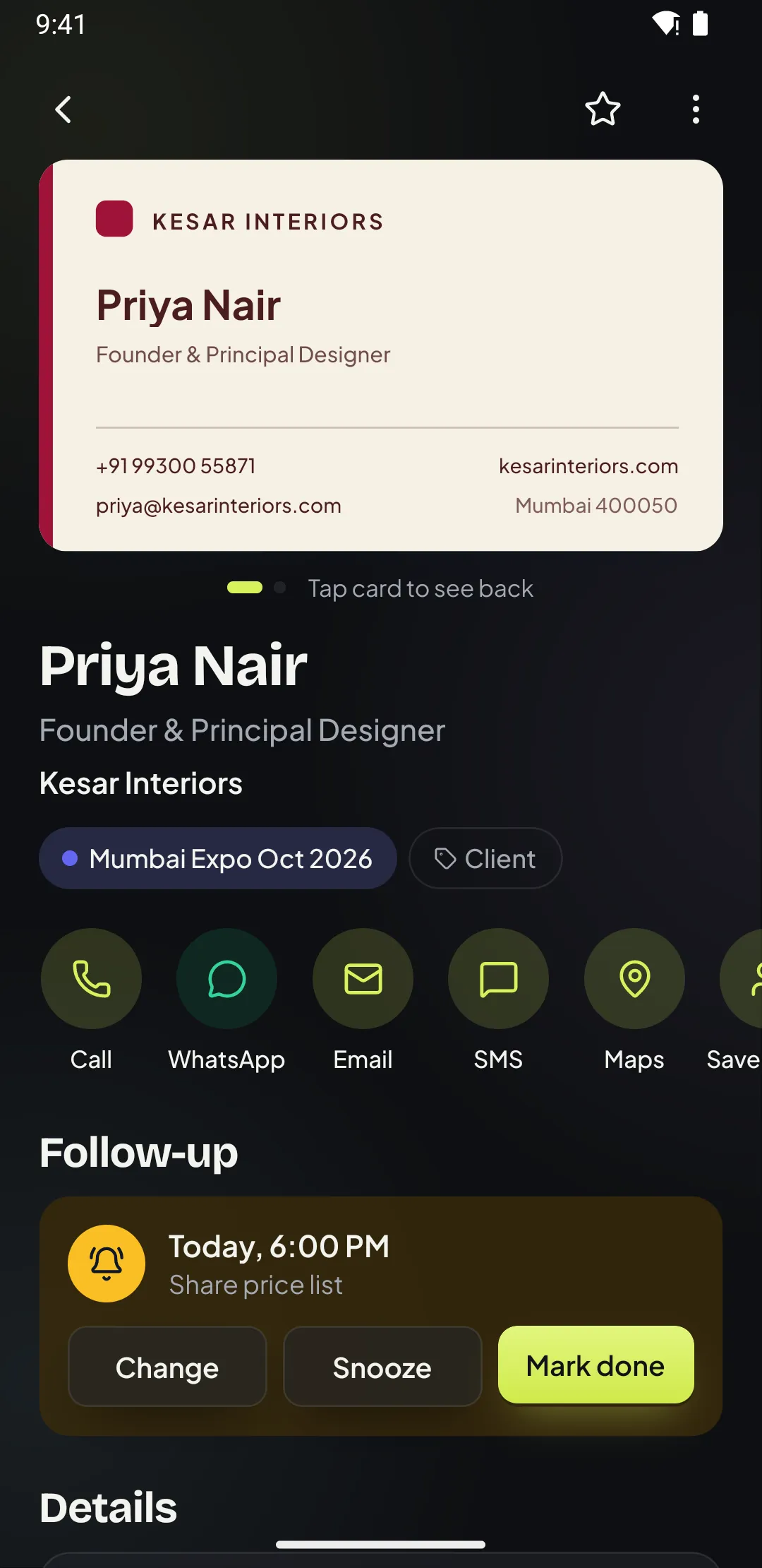 Contact detail in Patrascan with the scanned card, quick actions for call, WhatsApp, email and maps, and a follow-up reminder