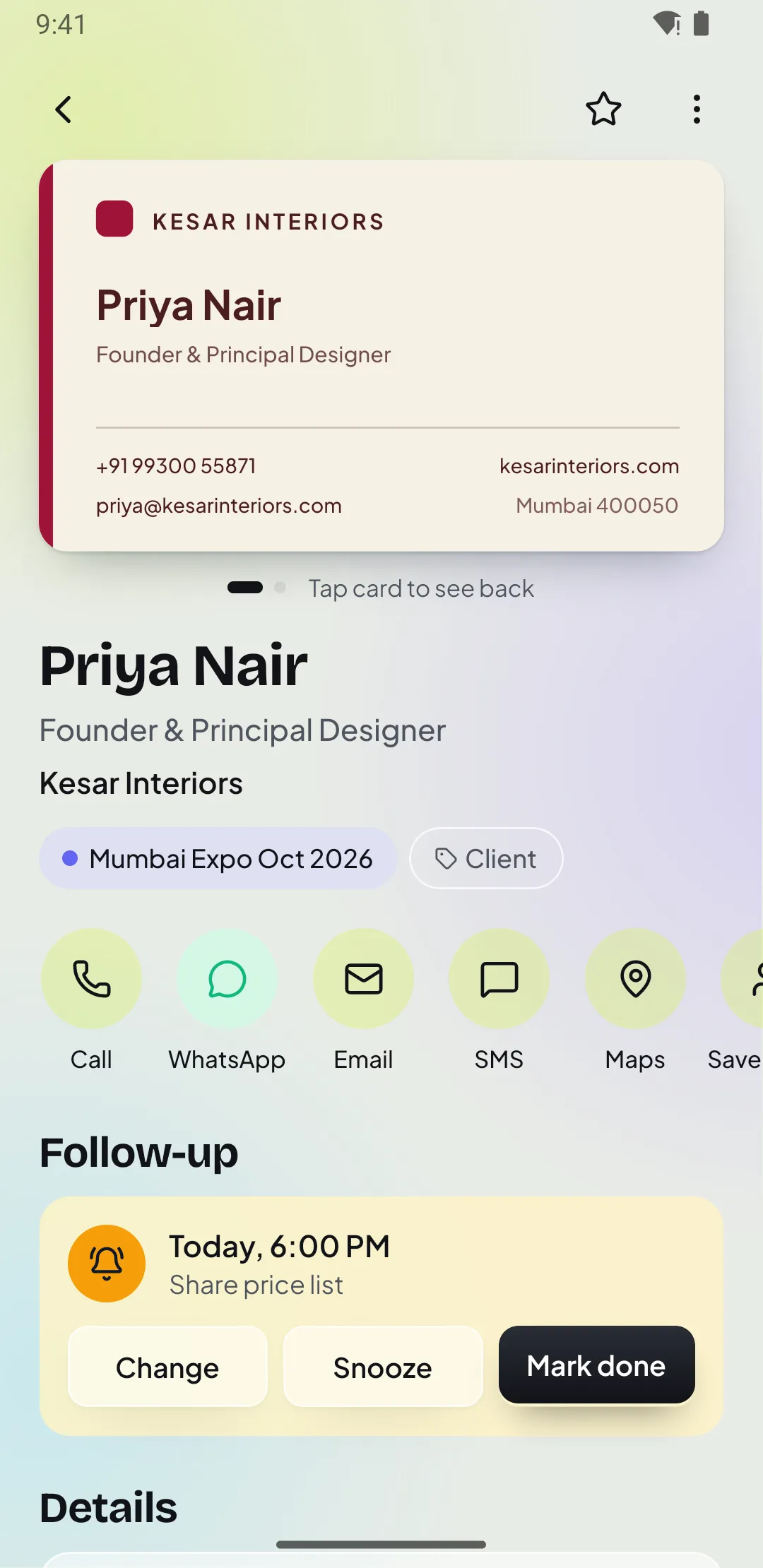 Contact detail in Patrascan with the scanned card, quick actions for call, WhatsApp, email and maps, and a follow-up reminder