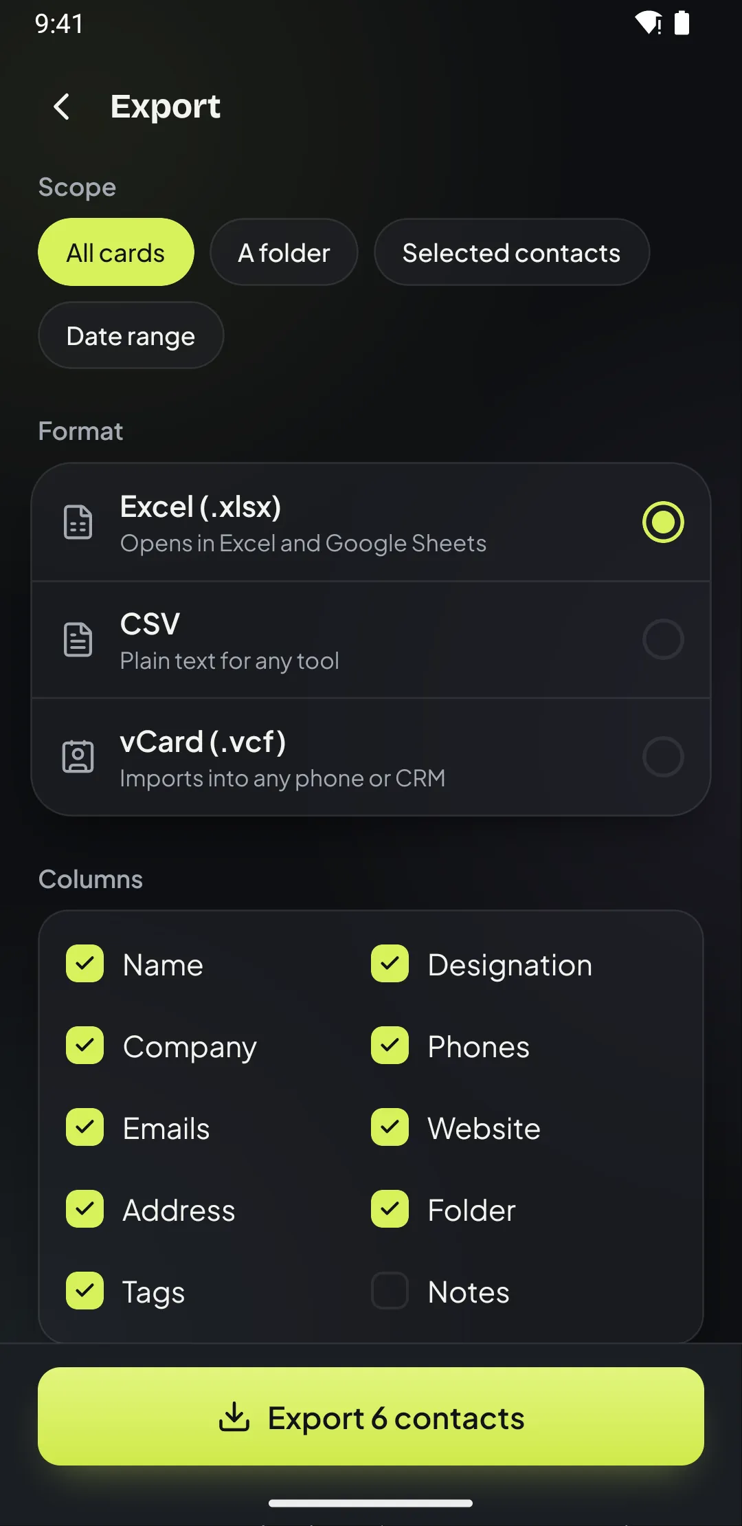 Export screen in Patrascan with Excel, CSV and vCard formats and column choices
