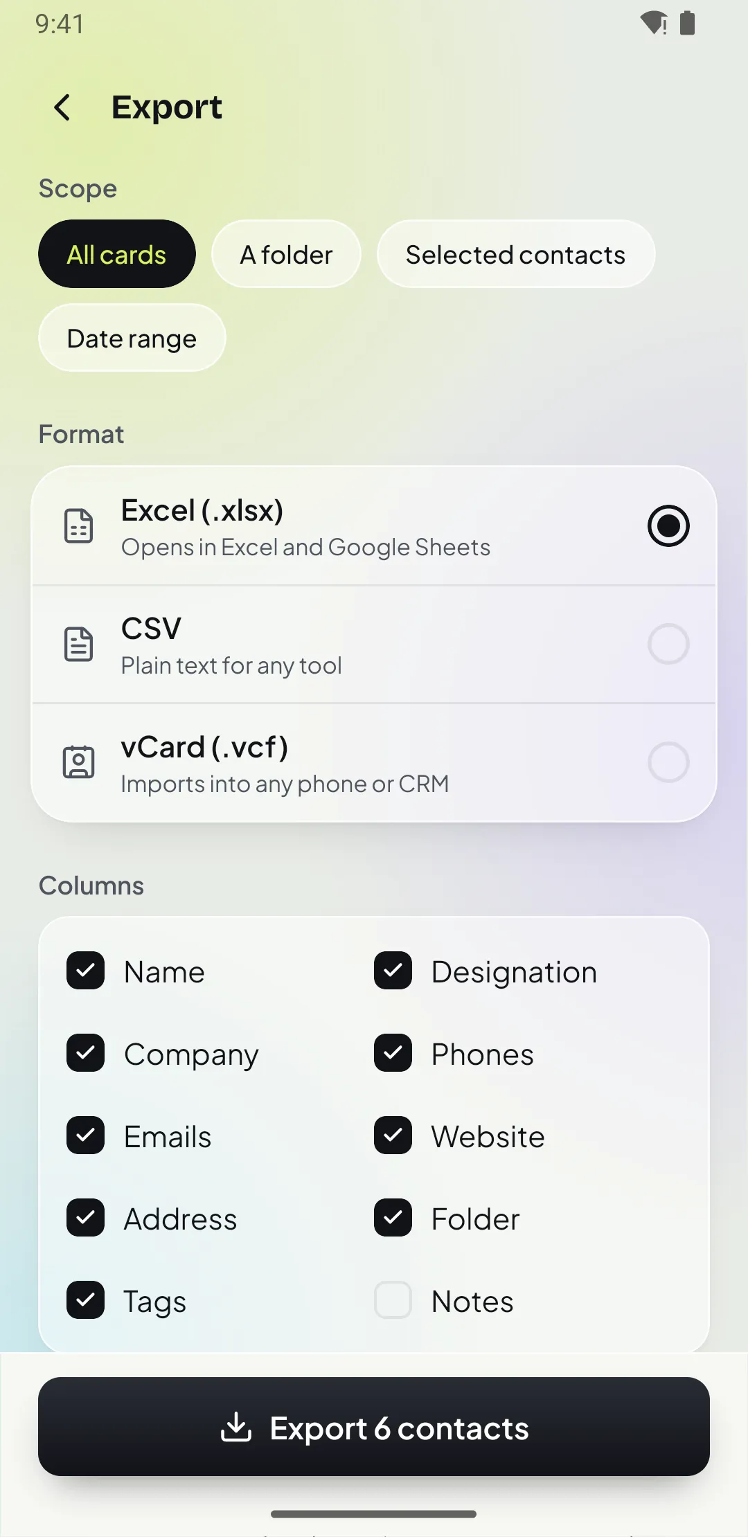 Export screen in Patrascan with Excel, CSV and vCard formats and column choices
