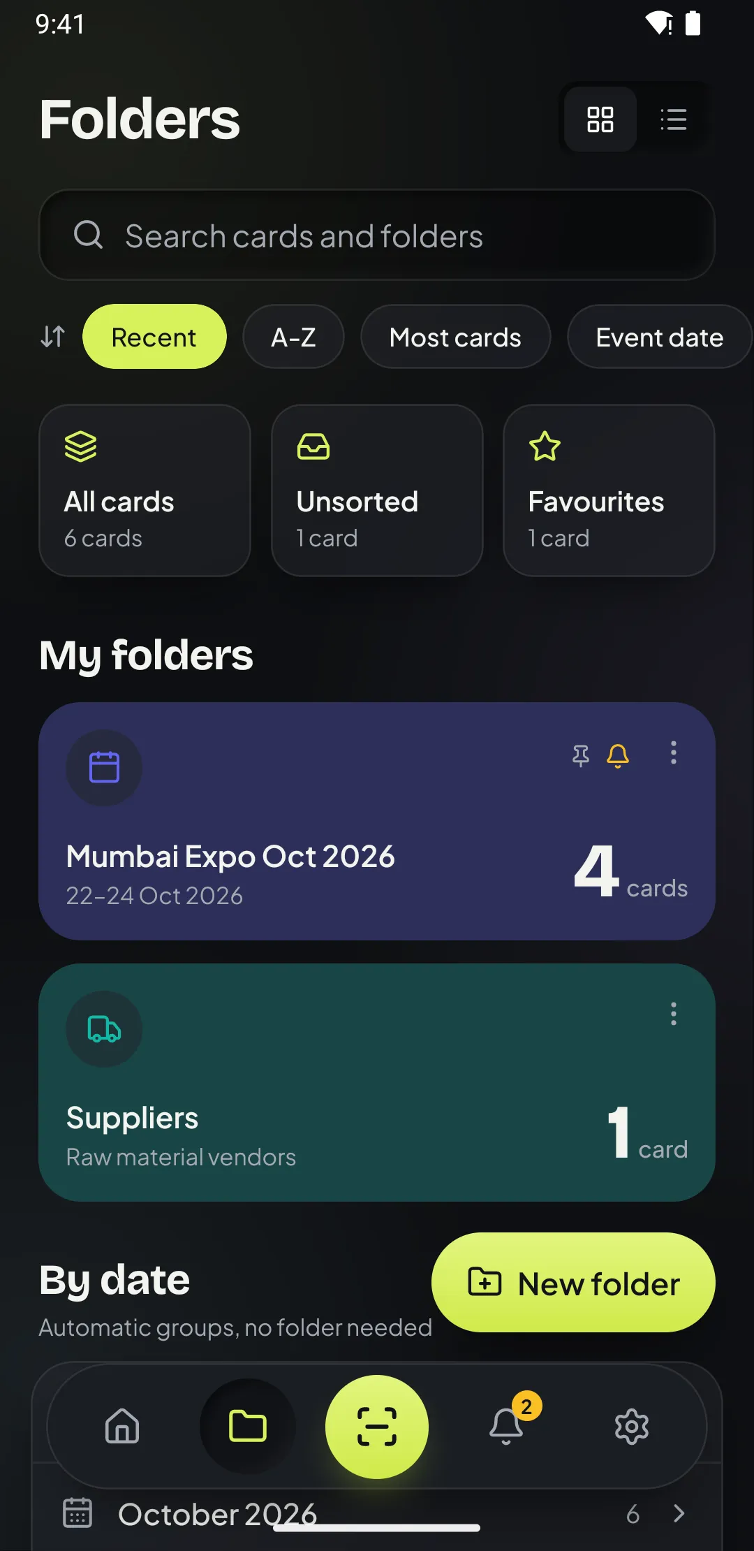 Folders screen in Patrascan showing an expo folder with four cards, a suppliers folder and date groups