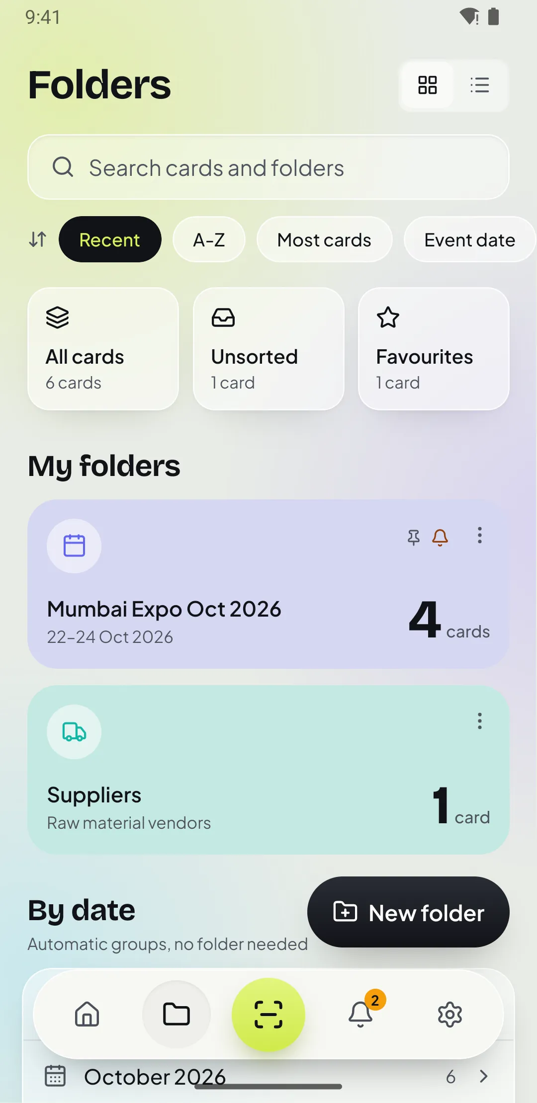 Folders screen in Patrascan showing an expo folder with four cards, a suppliers folder and date groups