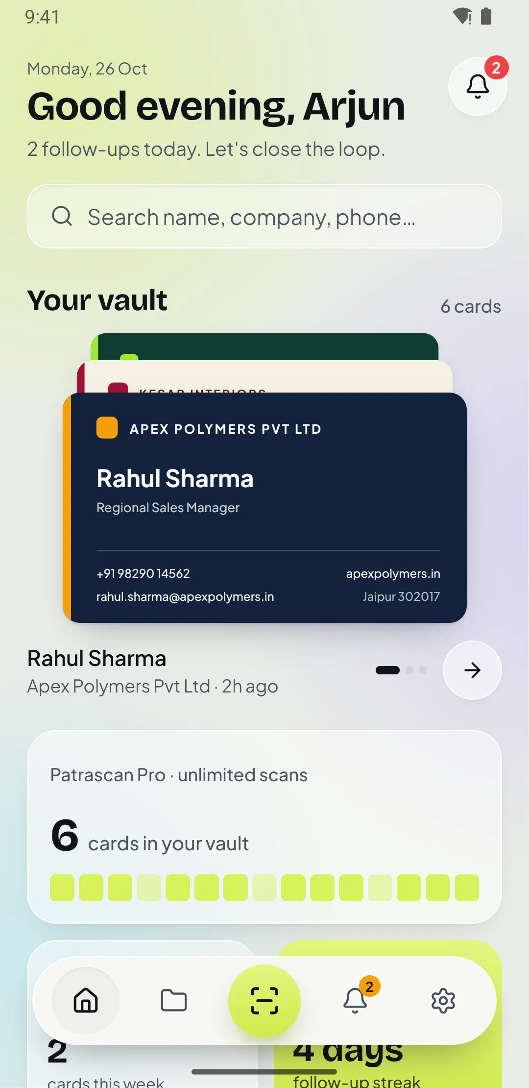 Patrascan home screen in light mode with the card vault, scan counter and follow-ups