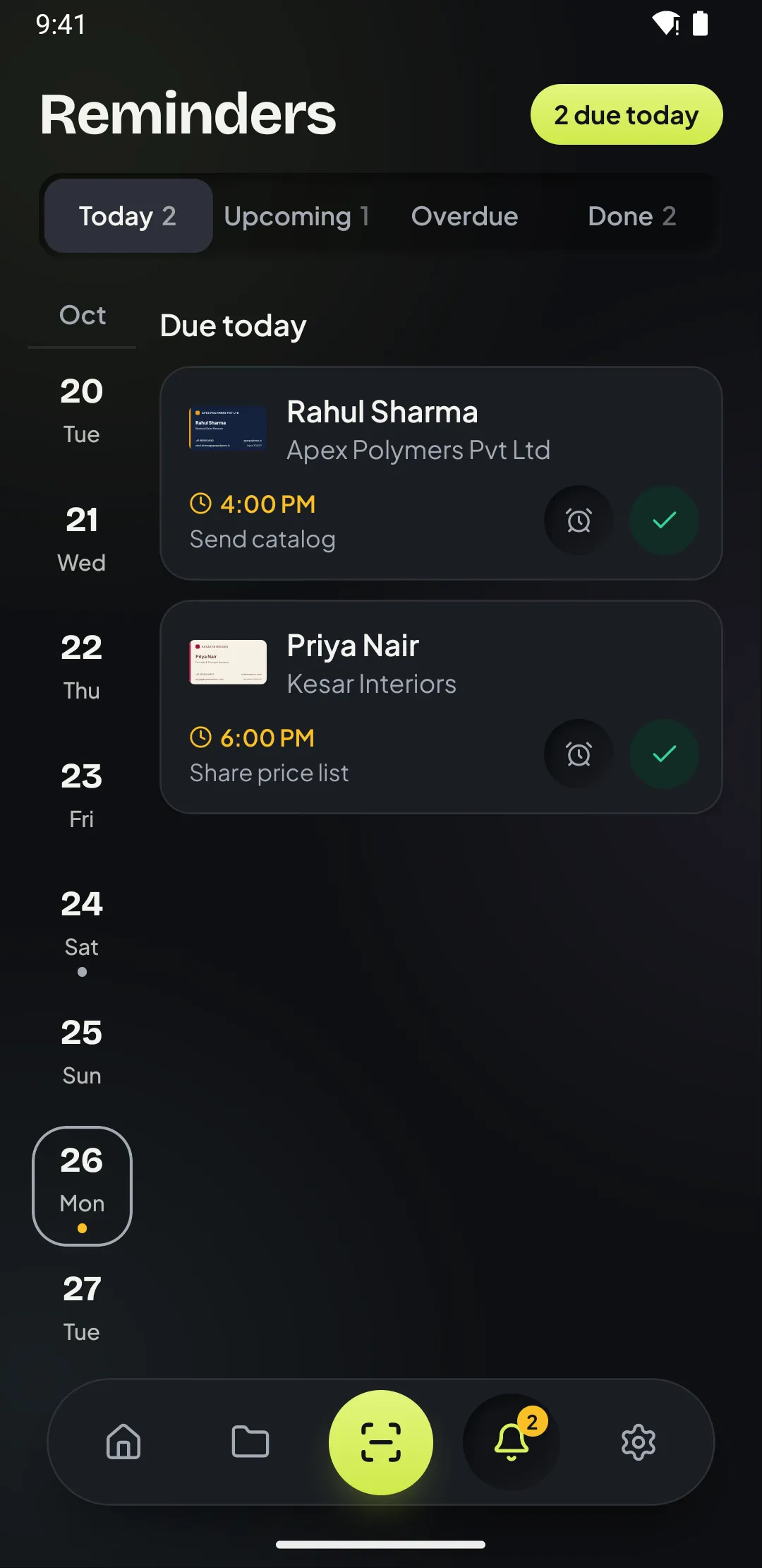 Reminders screen in Patrascan with follow-ups due today, upcoming and done
