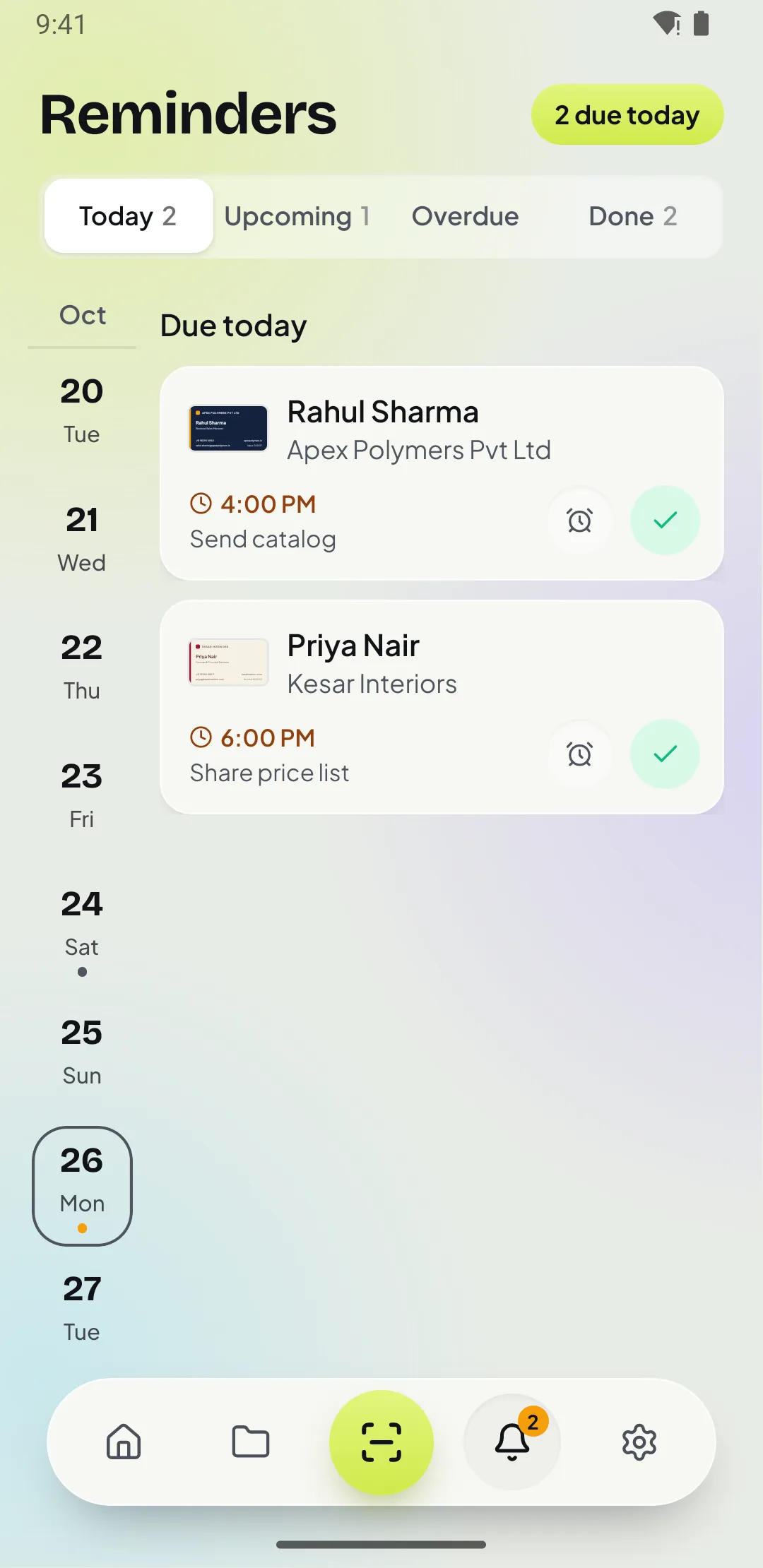 Reminders screen in Patrascan with follow-ups due today, upcoming and done