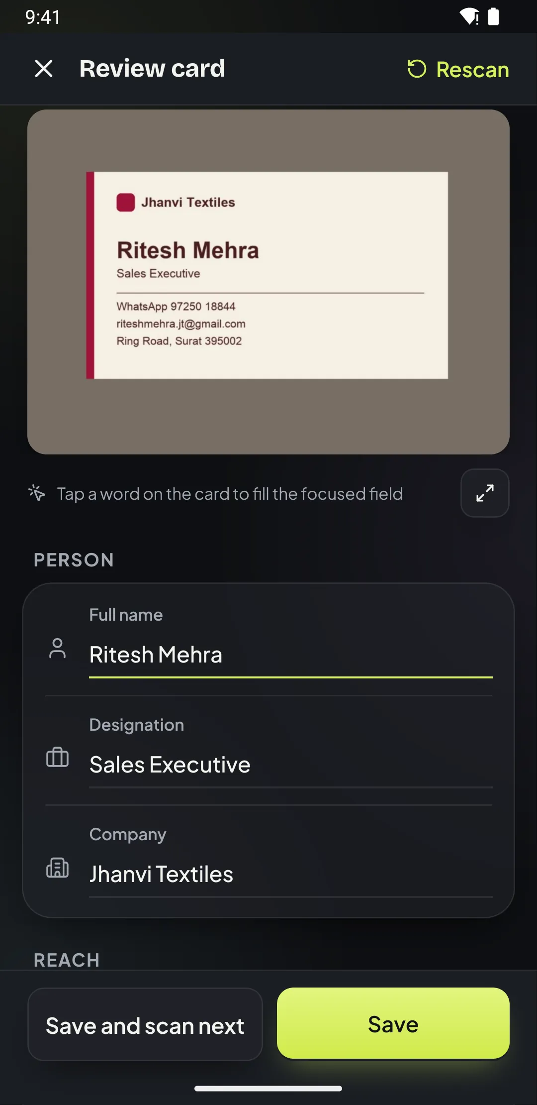 Patrascan review screen after scanning a business card: name, designation, company, WhatsApp number, email and address filled in automatically