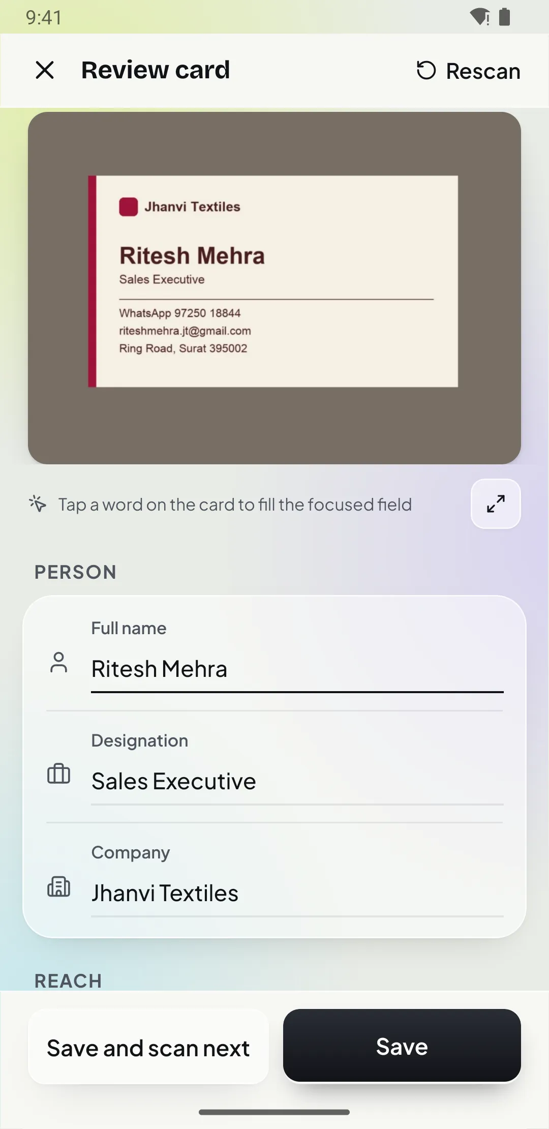 Patrascan review screen after scanning a business card: name, designation, company, WhatsApp number, email and address filled in automatically